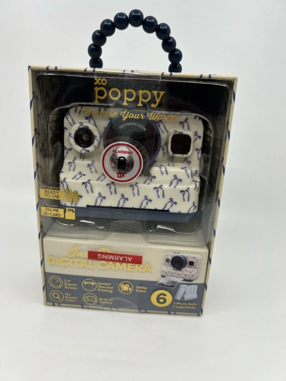 NIB XO Poppy White Digital insta-print Camera with Blue ribbon Accents